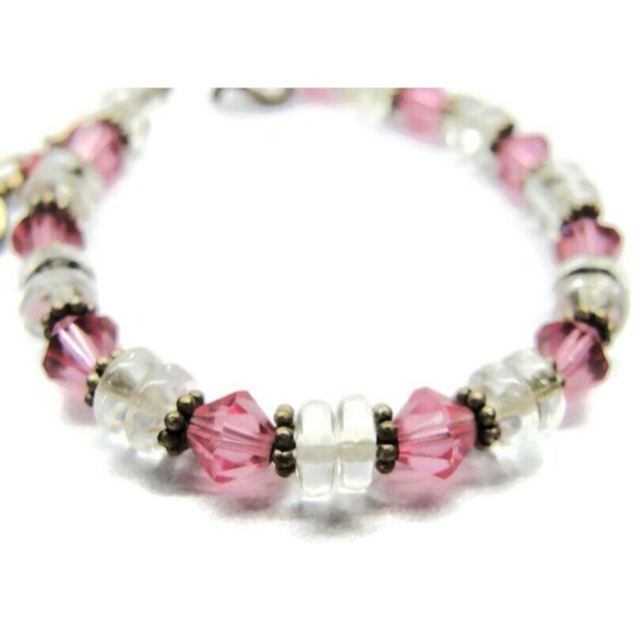 925 Sterling Silver Bracelet Pink and White Glass Beads - Picture 3 of 8